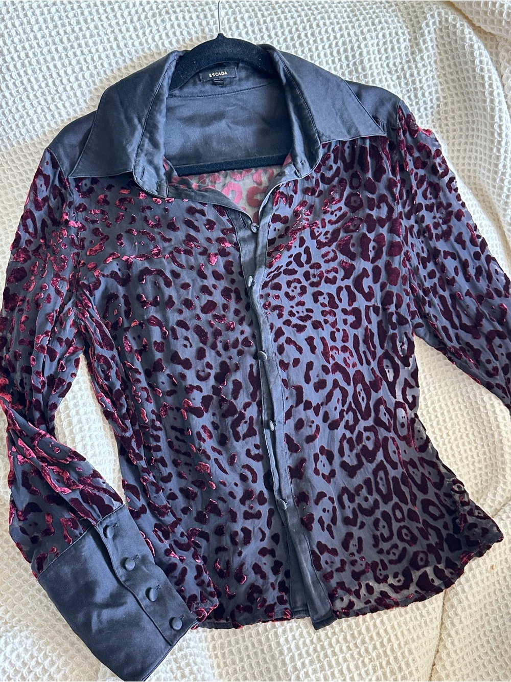 Escada Silk Velvet Burnout black and burgundy Leopard print Button down Shirt